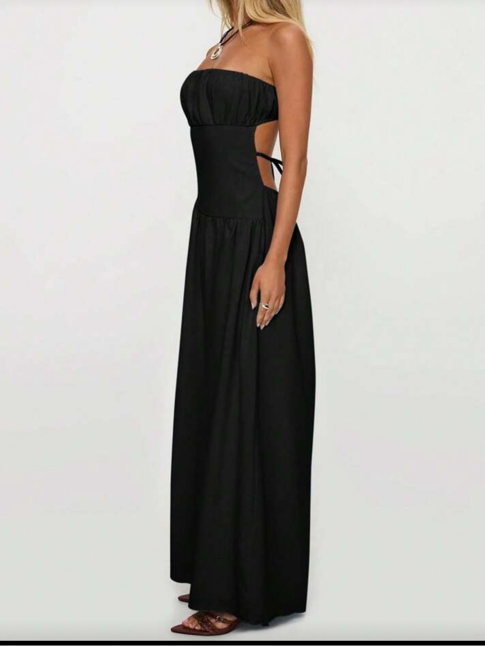 Black Open Back Strapless Tie Bow Maxi Dress